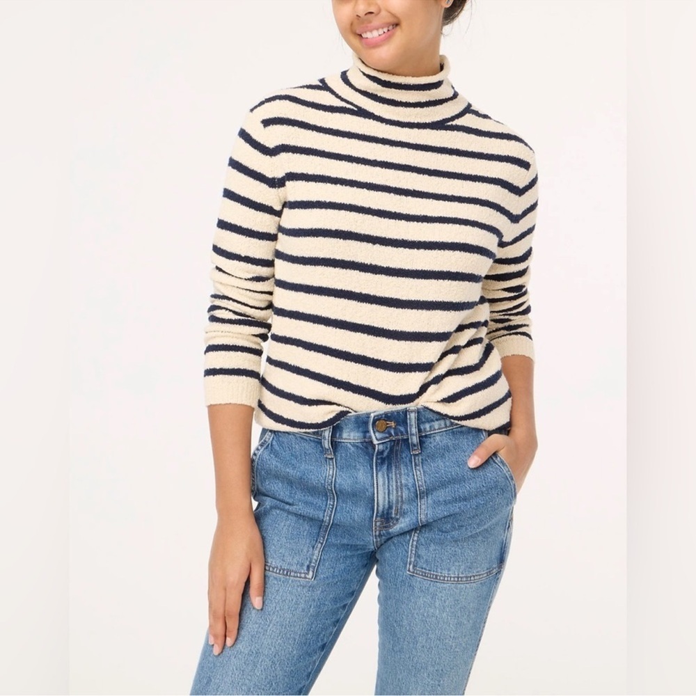 J. Crew Factory Cozy Rollneck Pullover Beach Sweater Stripe Sz Medium blue cream